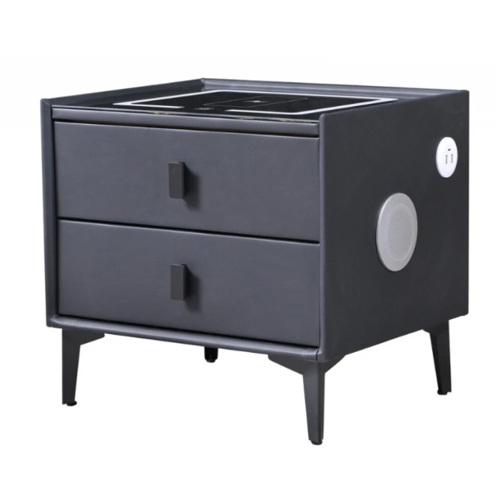 Noptiera Inteligenta VICTINY® cu Incarcare Wireless 15W, Boxe Bluetooth 5.0, gri inchis, 50x40x46cm