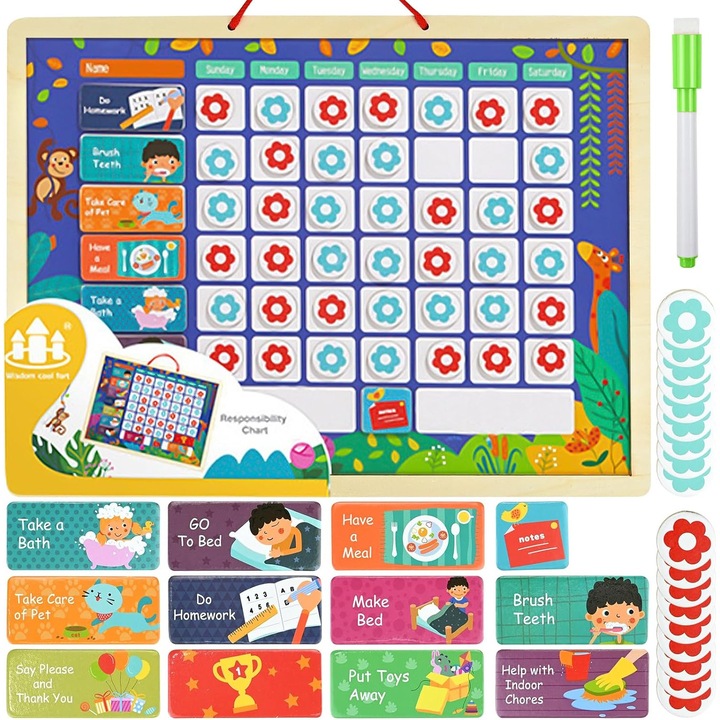 Tabla Magnetica Recompense pentru Copii – Model Flower, cu Jetoane Magnetice, Lemn, 42 Piese + Marker, 30x40 cm