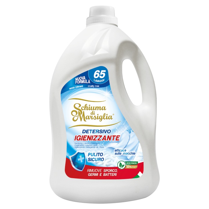 Detergent de rufe lichid Schiuma di Marsiglia, Igienizant, 65 spalari, 5L, Curatare si protectie antibacteriana