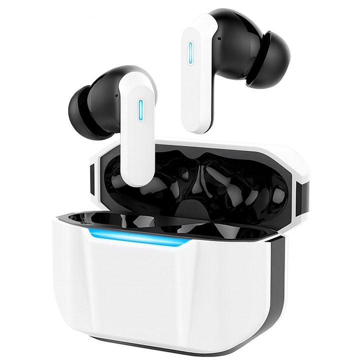 Casti wireless bluetooth CLOOPER™, designed by ZETA, gaming cu efect dinamic, noise cancellation in ear, fara fir cu microfon HD, control touch, asistent vocal, Bluetooth 5.3, Universale, Carcasa magnetica, Alb optic