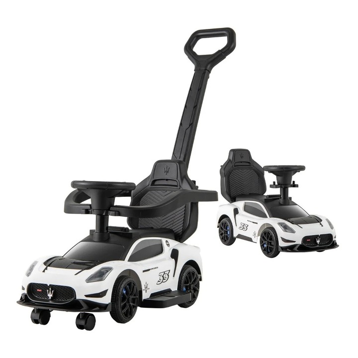 Многофункционална кола за бутане 3 в 1 Maserati, розова/бяла, с музикален волан, предпазна ограда, за 18-60 месеца