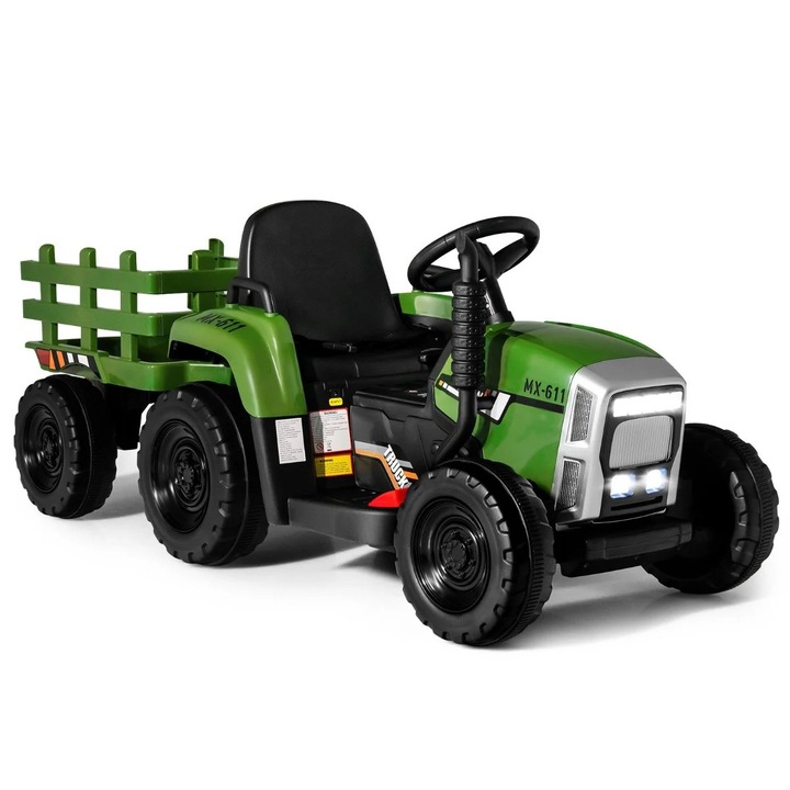 Tractor electric pentru copii Northio cu remorcă detașabilă, telecomandă, verde închis, 136, 5x50x52, 5cm