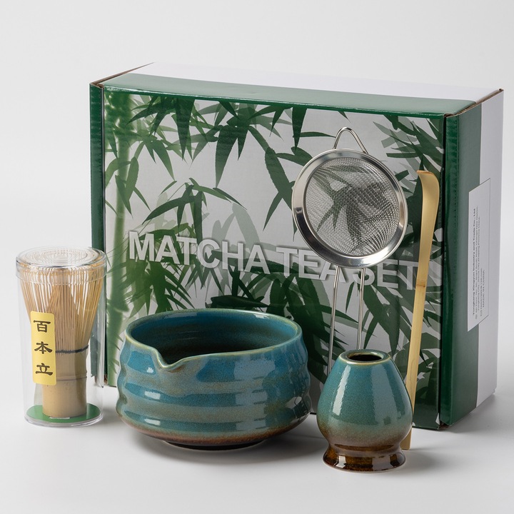 Set pentru Ceai Matcha, NEKIT, 5 bucati, Bol pentru Matcha, Suport pentru tel, Lingurita din Bambus, Panza de Ceai Din Bumbac, Suport pentru tel Cerami, cadou pentru iubitorii de ceai, Albastru