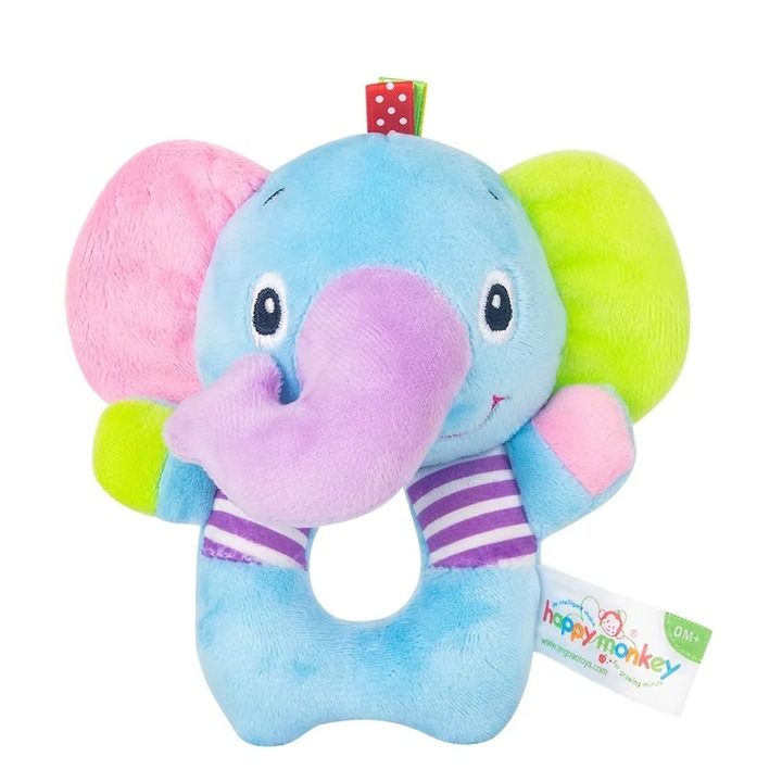 Babajáték plüss rágóka, csörgővel, puha gyűrűvel, BPA-mentes, 0-24 hónap