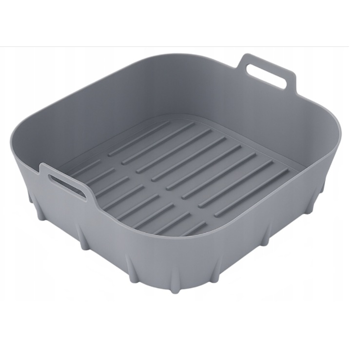 Tava din silicon 20×20 cm pentru friteuza cu aer cald / Air Fryer – antiaderenta, reutilizabila, lavabila in masina de vase, rezista la 230 °C, compatibila cu cuptor & congelator, gri, Beatus®