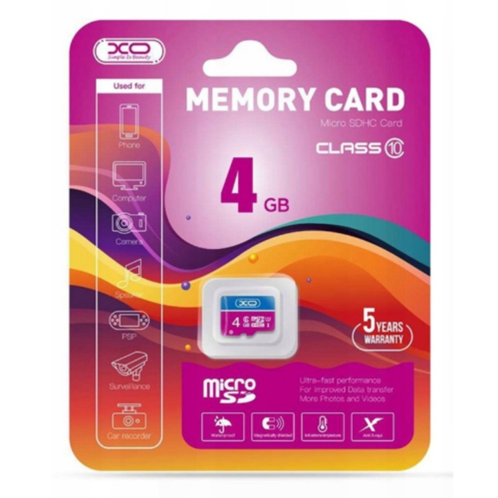 Card de memorie XO microSDHC, clasa 10, Multicolor, 4 GB