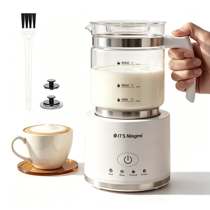 Spumator lapte electric 4 in 1, cana detasabila din sticla, 500 ml, spuma calda si rece, automat, pentru cappuccino, latte si cafea rece, usor de curatat
