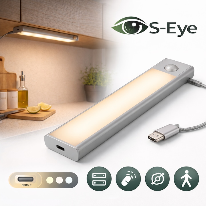 Lampa LED S-Eye 200mm cu senzor miscare, reincarcabila USB-C, 3 temperaturi culoare 3000K-6500K, suport magnetic, iluminare dulap, bucatarie, dressing