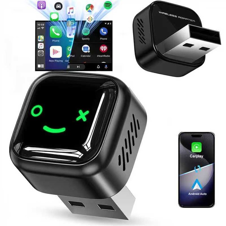 Adaptor Auto Wireless, SHIJOOE®,, Apple CarPlay, compatibil iOS/Android, Android Auto, LED， Wifi 6 + BT 5.4，Mini USB，USB， Plug&play, Aluminiu + Acril, Car Smart Box，Negru