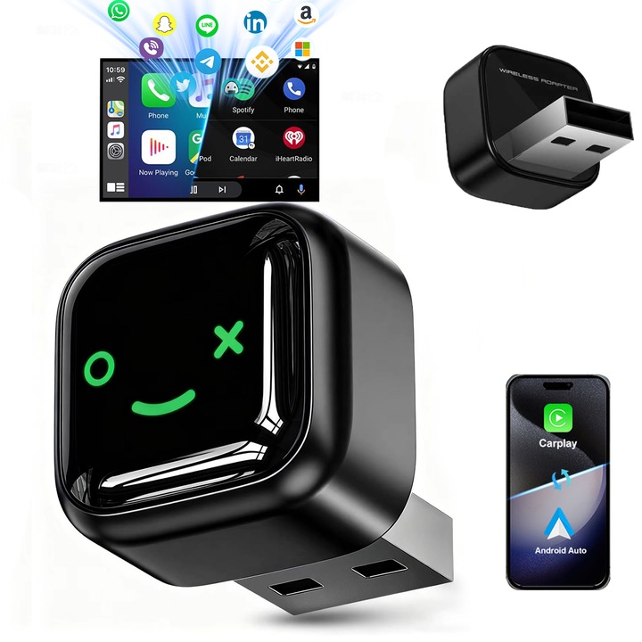SHIJOOE Autó Vezeték nélküli adapter, Apple CarPlay, kompatibilis iOS/Android, Android Auto, LED, Wifi 6 + BT 5.4, Mini USB, USB/USB-C Plug&play, Alumínium + Akril, Autó Okos Doboz, Fekete