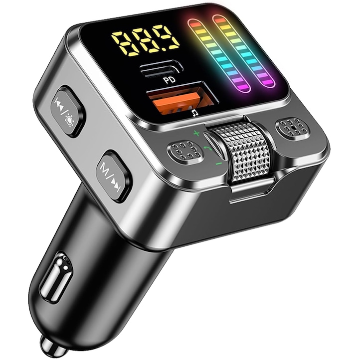 FM autós modulátor Bluetooth 5.3-mal, kihangosító autóskészlet, FM adó autós töltő funkcióval, gyorstöltés USB Type-C / USB 3.1A-n keresztül, MP3 lejátszó, LED kijelző, hangulatvilágítás, ezüst