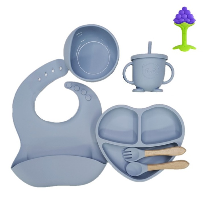 Bébi etetőkészlet szív alakú tányérral, szőlő rágókával, szilikon, BPA-mentes, antiallergén, tapadókorongokkal, kék, Funny Party Shop®