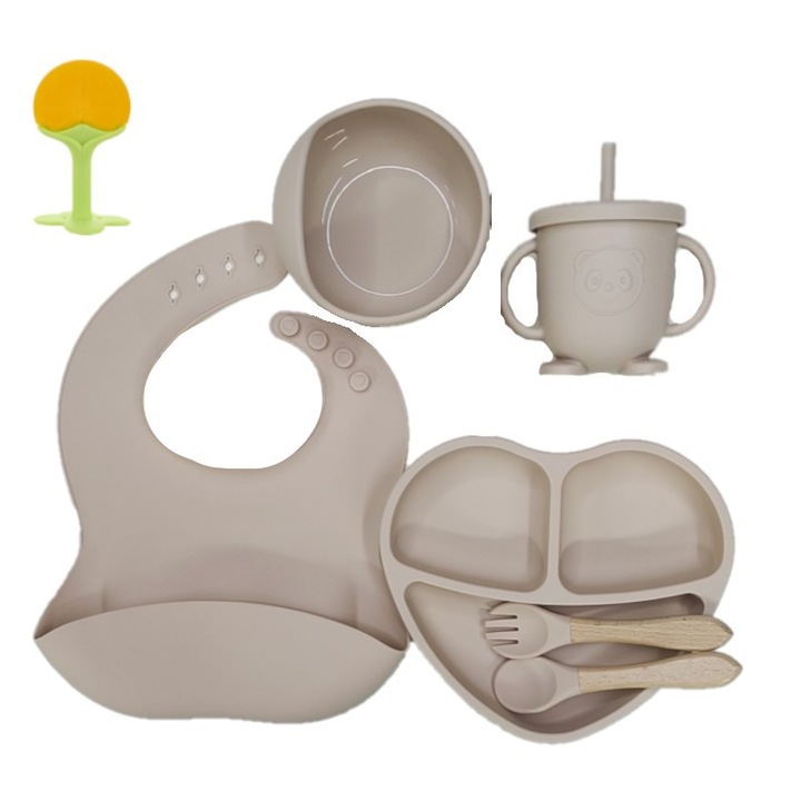 Funny Party Shop® szív alakú etetőtál szett babáknak, narancssárga rágókával, szilikon, BPA-mentes, antiallergén, tapadókorongokkal, krém
