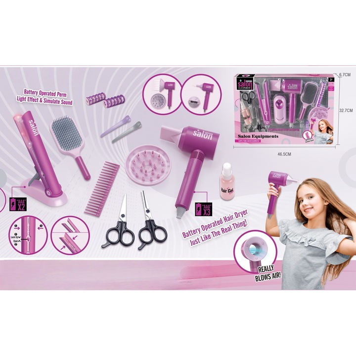 Set de coafura pentru copii cu uscator de par si placa de intins - 16 piese