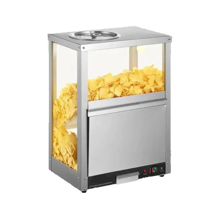 Nacho chips melegítő, nagy kapacitású, rozsdamentes acél, átlátszó üveg, 200W