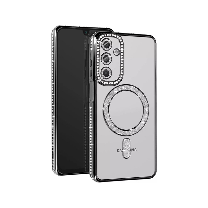 Husa compatibila cu Samsung Galaxy A05s, Compatibila cu MagSafe, Contur Negru cu Pietre