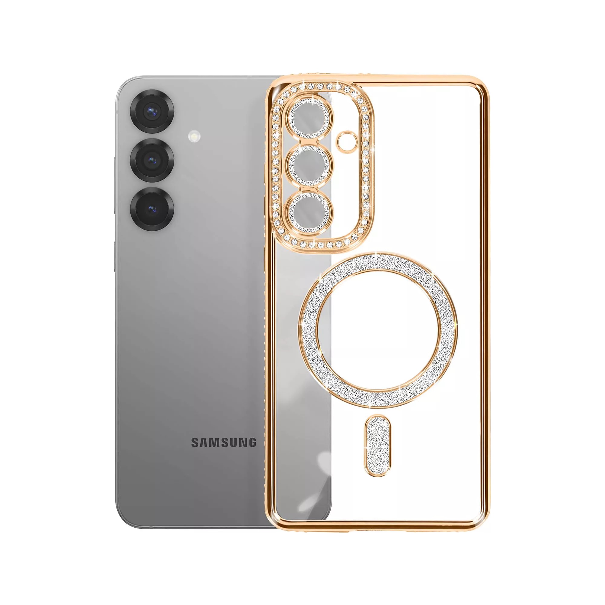Husa compatibila cu Samsung Galaxy S25 Fe, Compatibila cu MagSafe, Contur Auriu cu Pietre