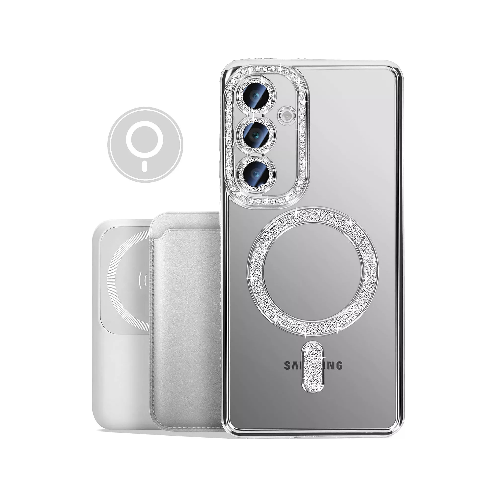 Husa compatibila cu Samsung Galaxy S25 Fe, Compatibila cu MagSafe, Contur Silver cu Pietre