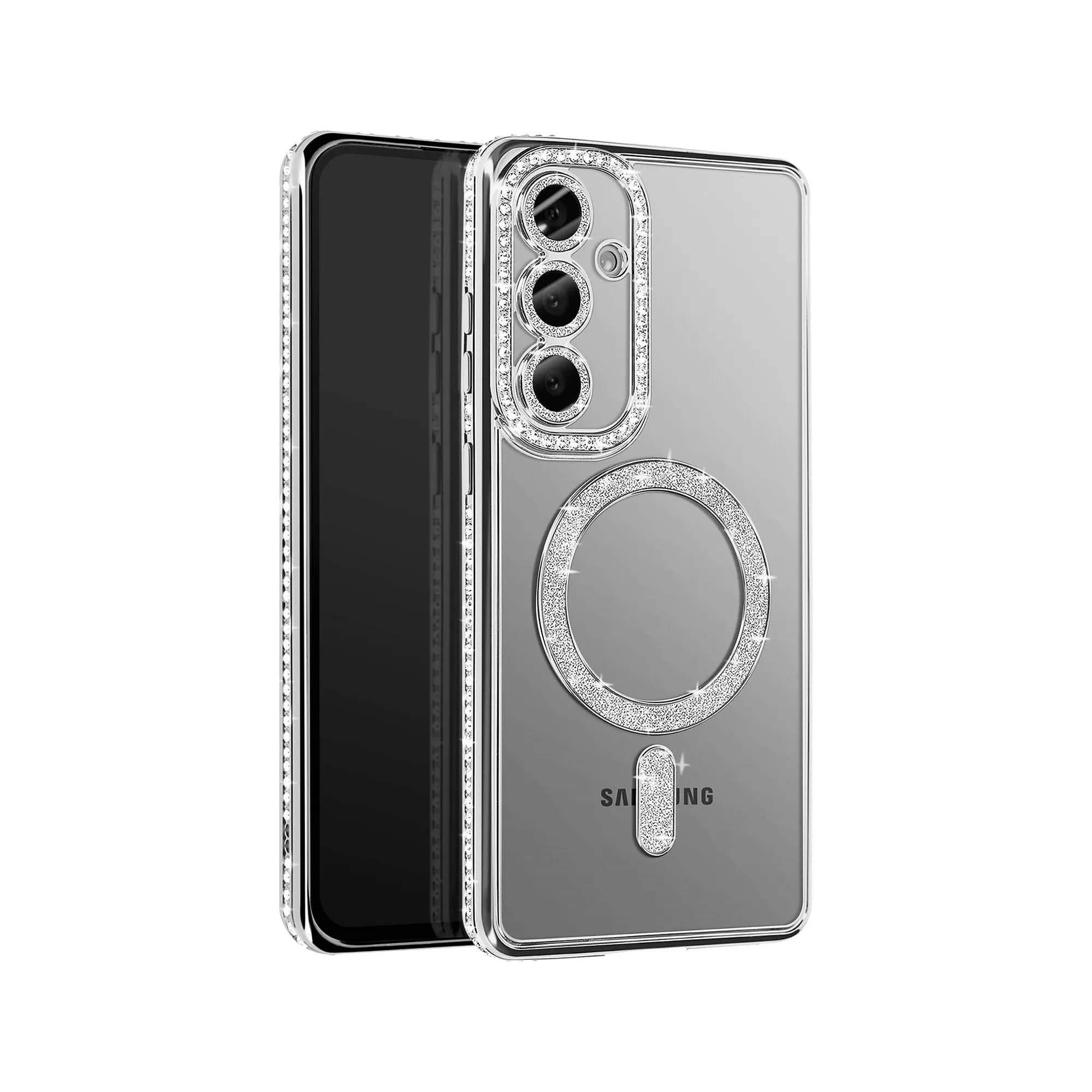 Husa compatibila cu Samsung Galaxy S25 Fe, Compatibila cu MagSafe, Contur Silver cu Pietre