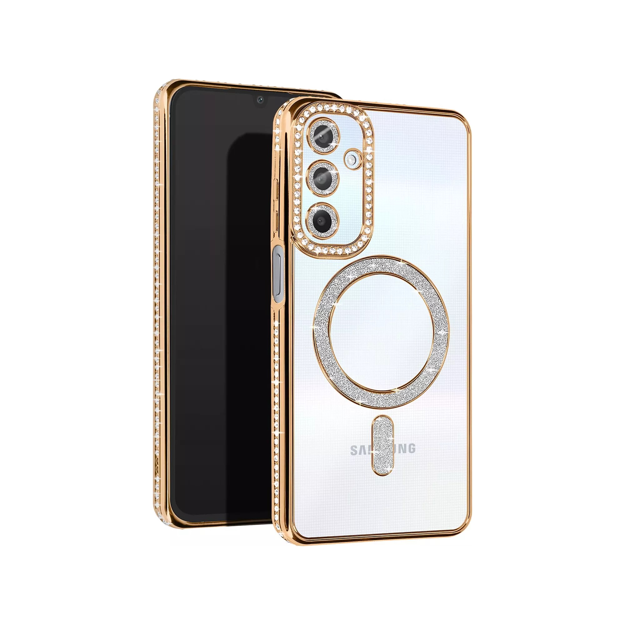 Husa compatibila cu Samsung Galaxy A05s, Compatibila cu MagSafe, Contur Auriu cu Pietre