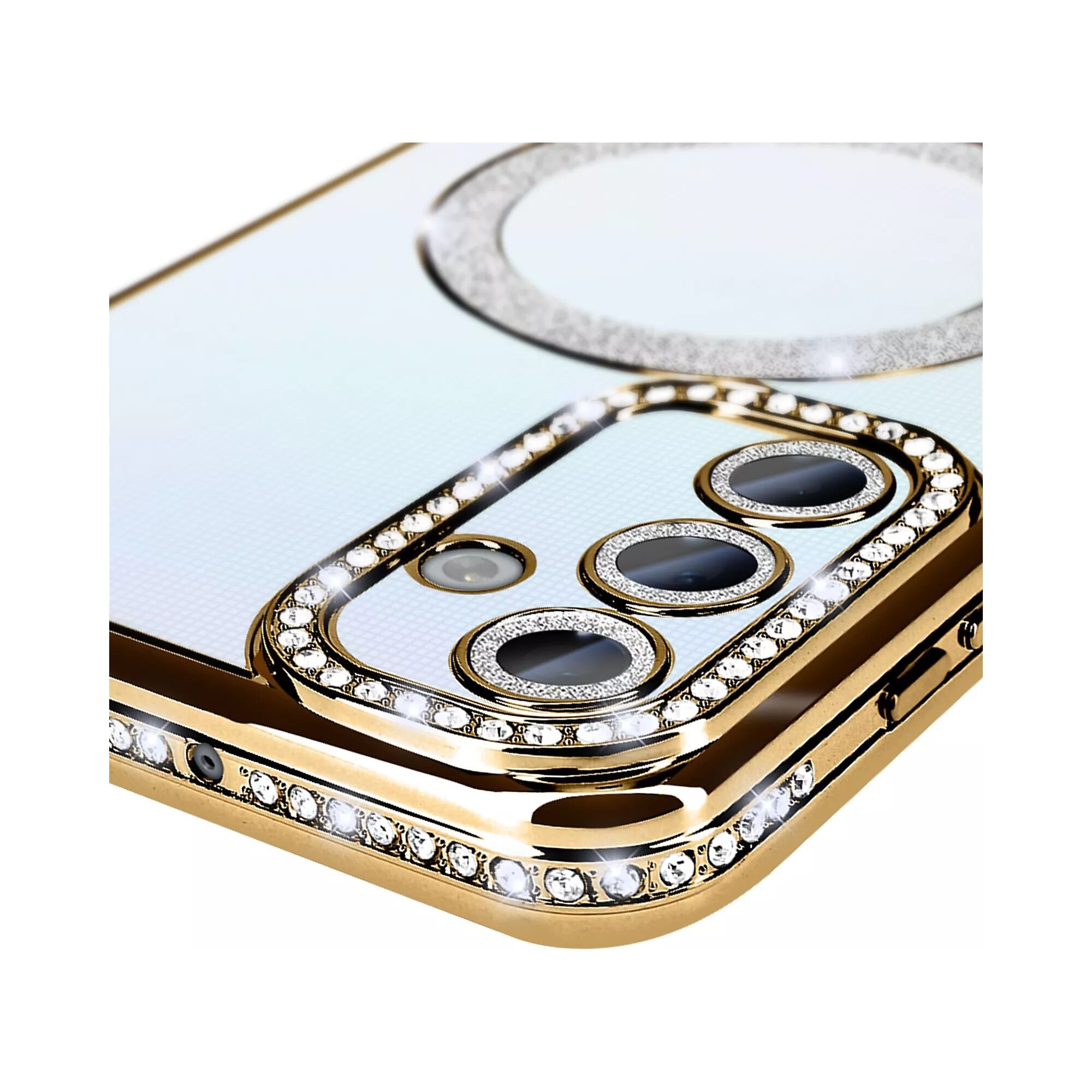 Husa compatibila cu Samsung Galaxy A05s, Compatibila cu MagSafe, Contur Auriu cu Pietre
