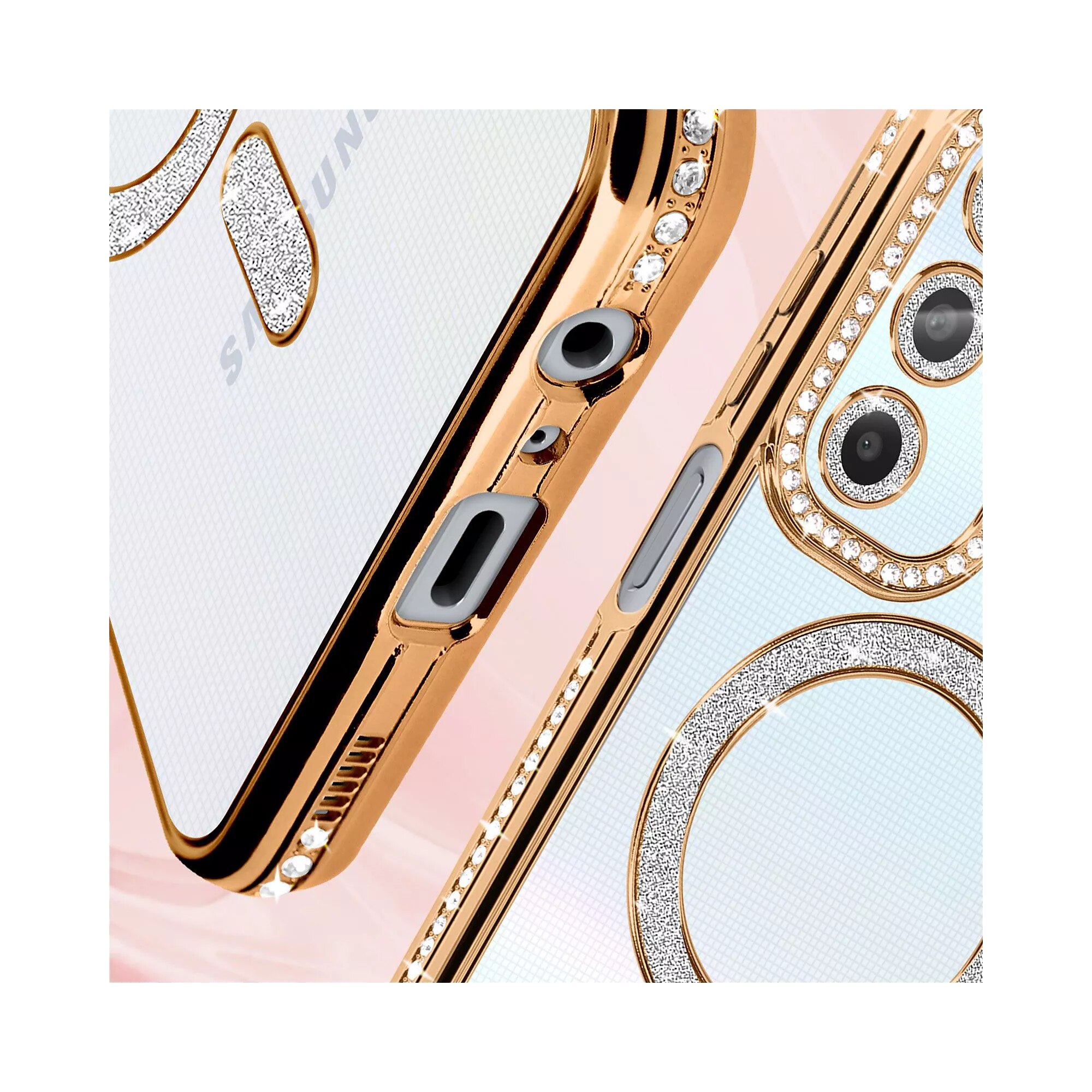 Husa compatibila cu Samsung Galaxy A05s, Compatibila cu MagSafe, Contur Auriu cu Pietre