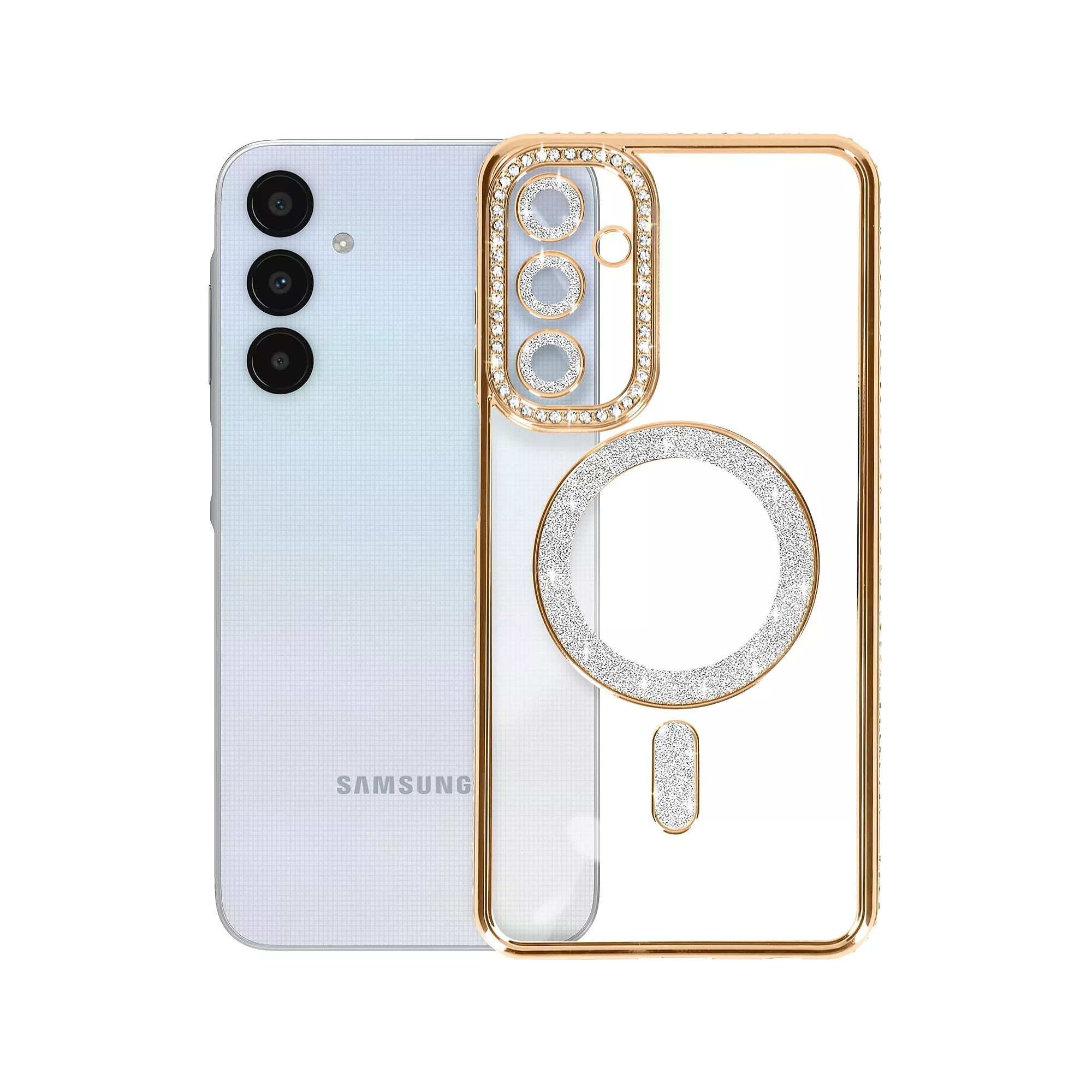 Husa compatibila cu Samsung Galaxy A05s, Compatibila cu MagSafe, Contur Auriu cu Pietre