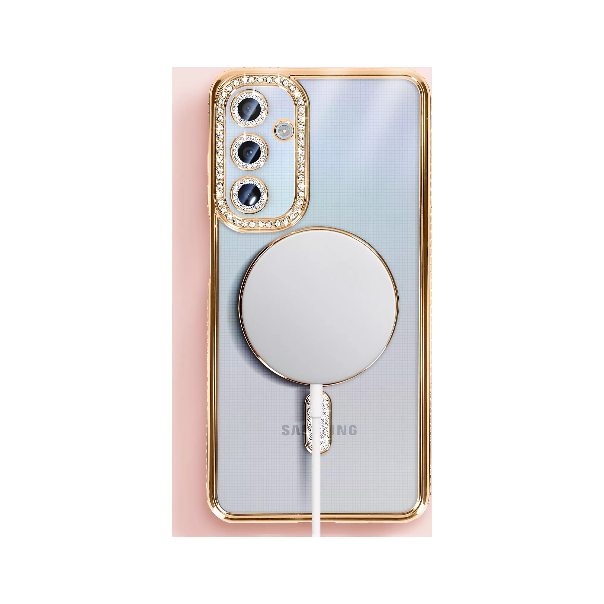 Husa compatibila cu Samsung Galaxy A05s, Compatibila cu MagSafe, Contur Auriu cu Pietre