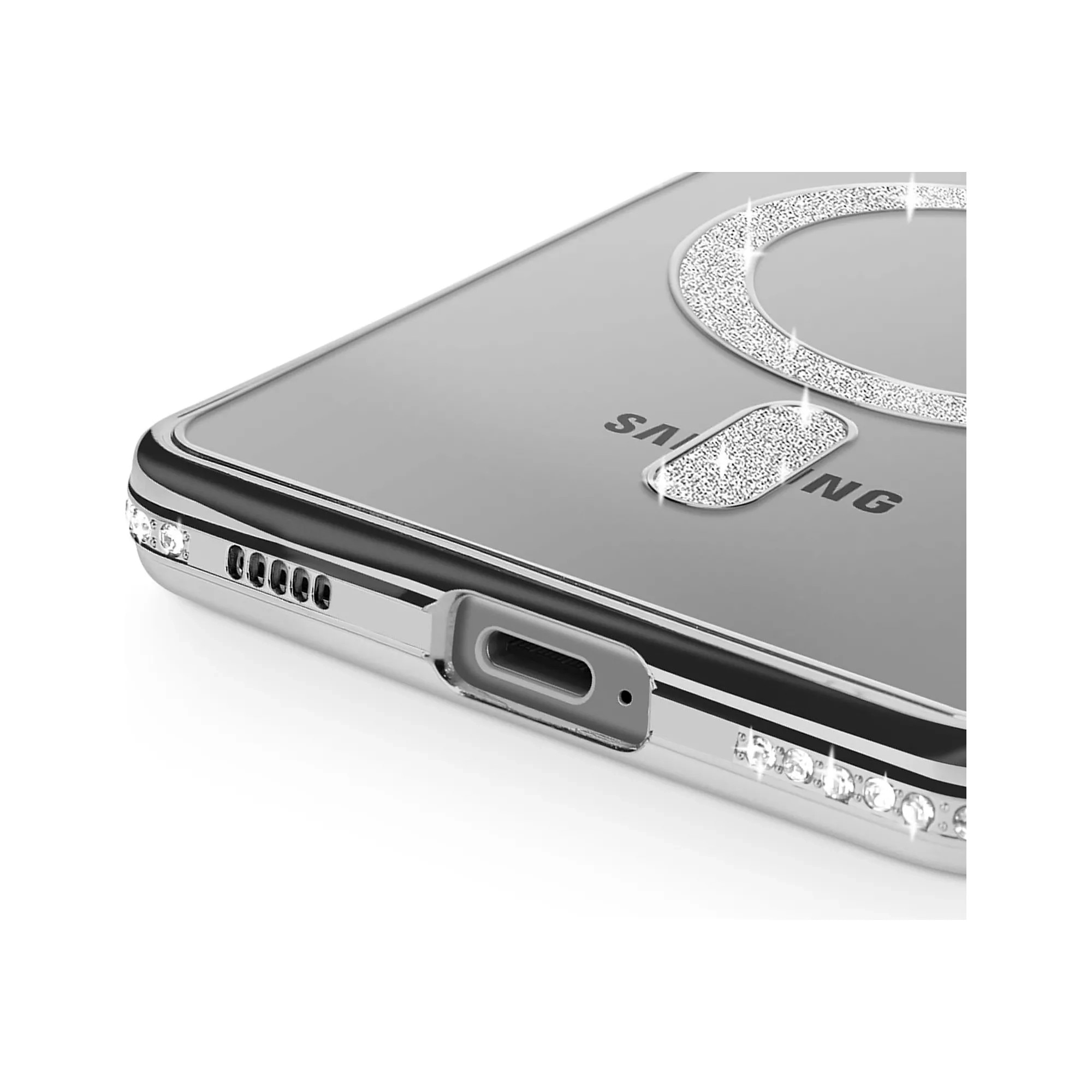 Husa compatibila cu Samsung Galaxy S25 Fe, Compatibila cu MagSafe, Contur Silver cu Pietre