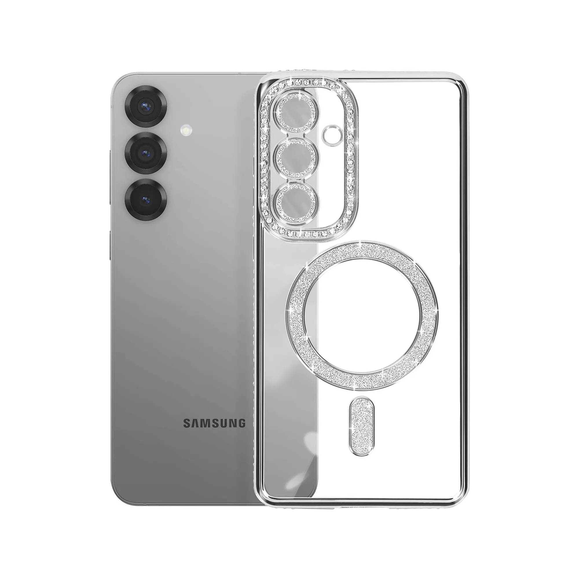 Husa compatibila cu Samsung Galaxy S25 Fe, Compatibila cu MagSafe, Contur Silver cu Pietre