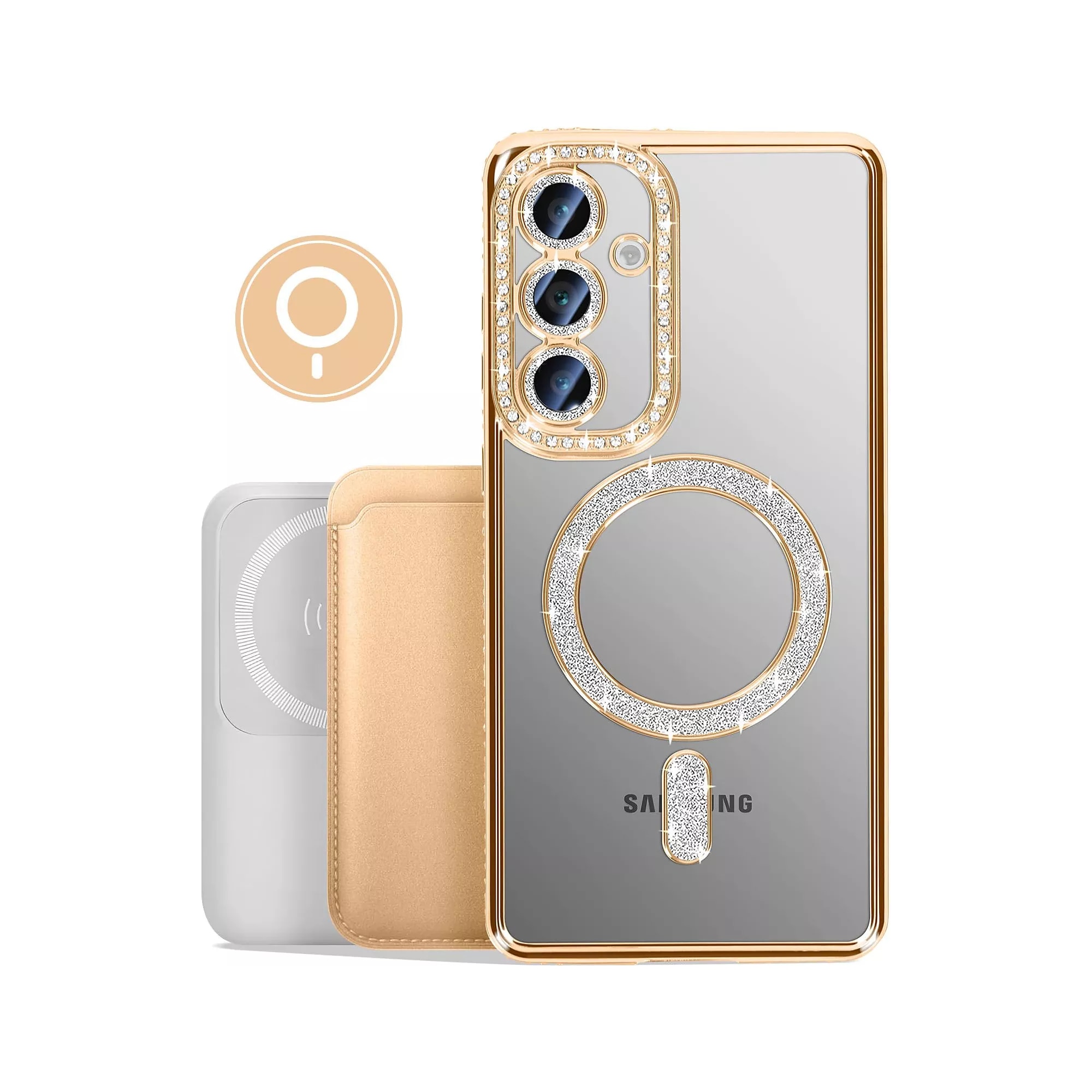 Husa compatibila cu Samsung Galaxy S25 Fe, Compatibila cu MagSafe, Contur Auriu cu Pietre