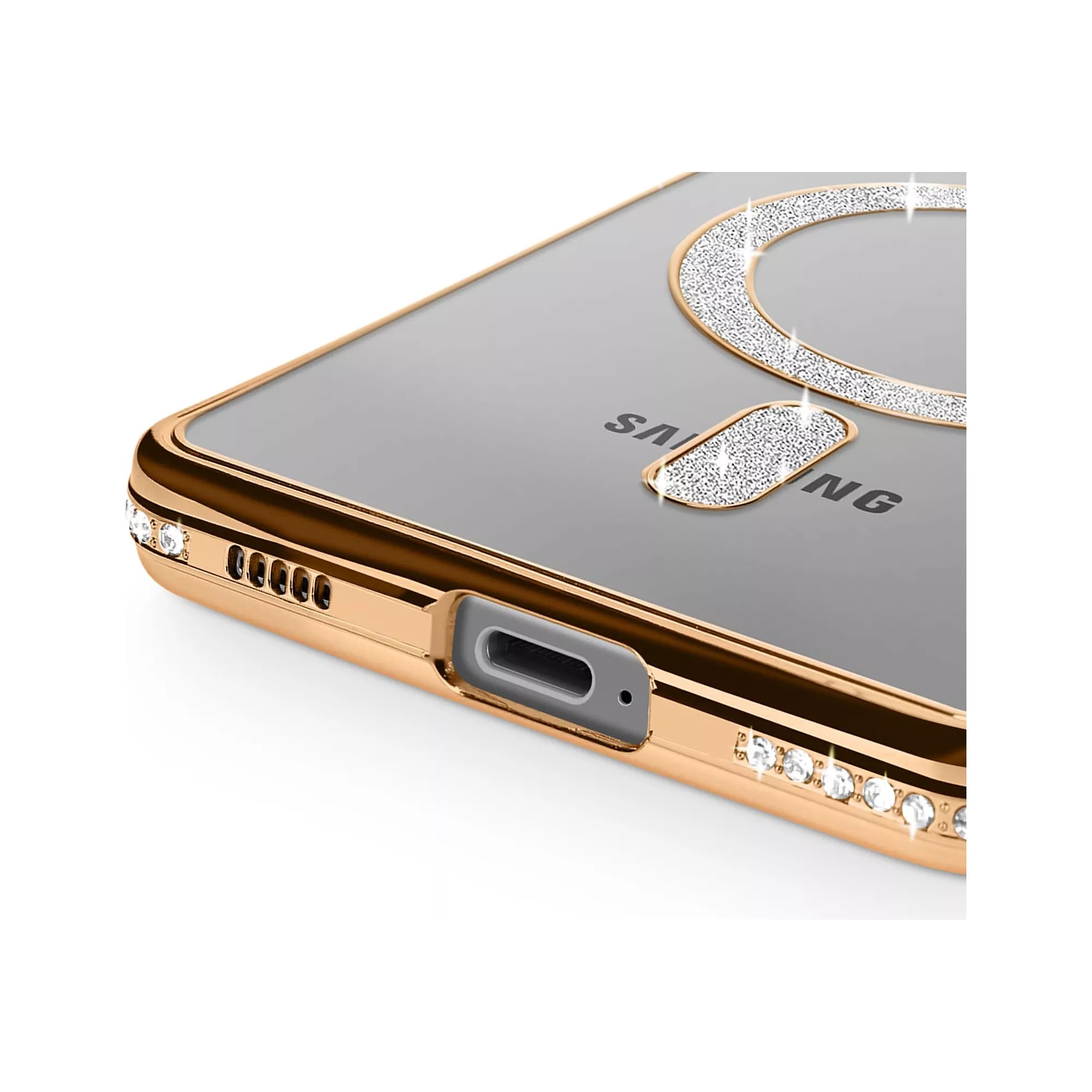 Husa compatibila cu Samsung Galaxy S25 Fe, Compatibila cu MagSafe, Contur Auriu cu Pietre