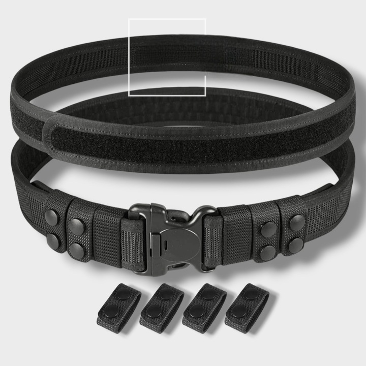 Centura tactica dubla, fixare ferma cu velcro + bride, nylon, negru