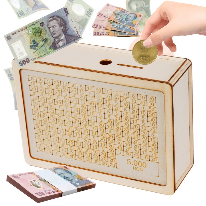 Fából készült takarékdoboz – vegyes értékekkel (összesen 5.000 RON)