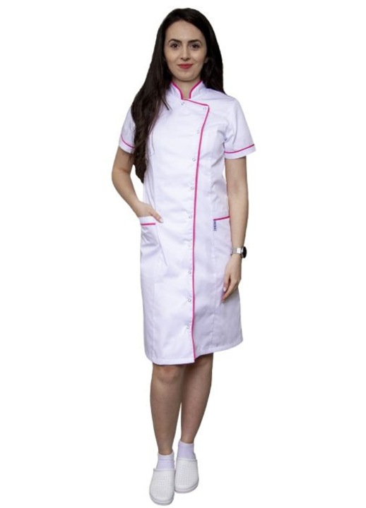 Halat lung dama Prima DORA Premium, alb cu bordura roz inchis, maneca scurta, marime XS