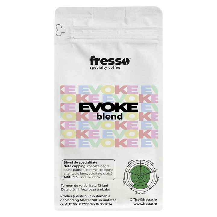 Cafea boabe Fresso Evoke 100% Arabica proaspăt prăjită, 250g, aromă fructată și note de caramel