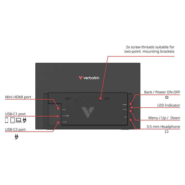 Monitor portabil Verbatim 15.6" LightFHD 1920x1080, IPS, USB-C, mini HDMI, carcasa plastic