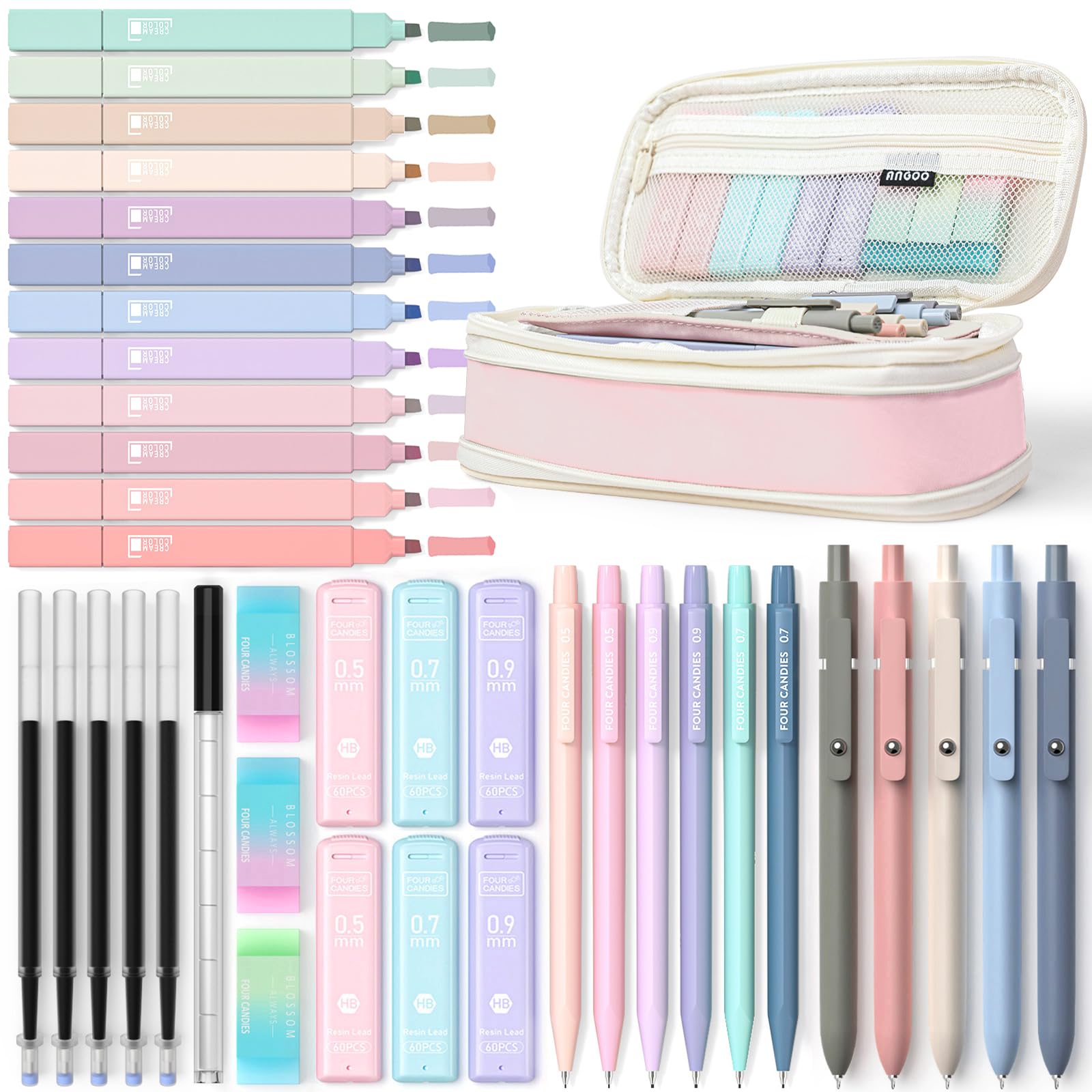 Set rechizite școlare Four Candies, 39 piese, cu penar, roz - eMAG.ro