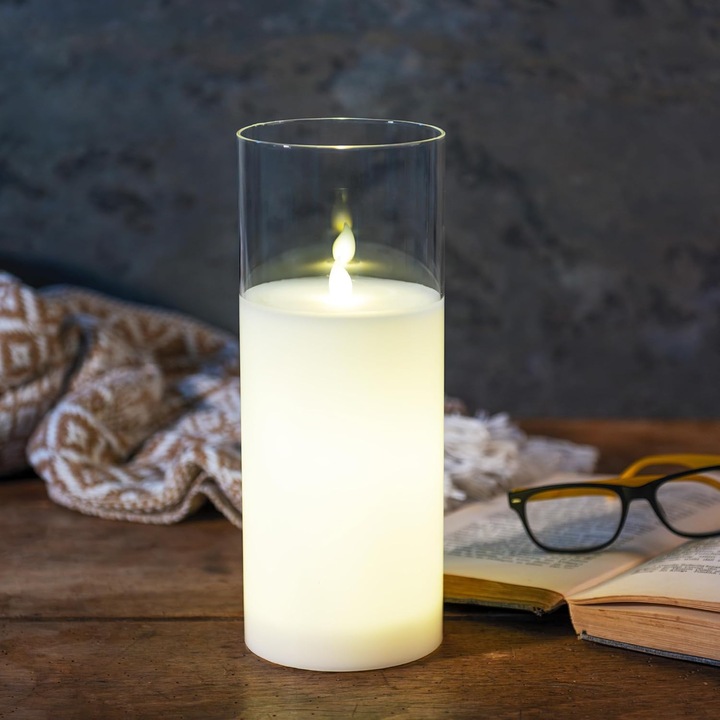 Lumanare LED in pahar de sticla, cu ceara reala si flacara tremuratoare