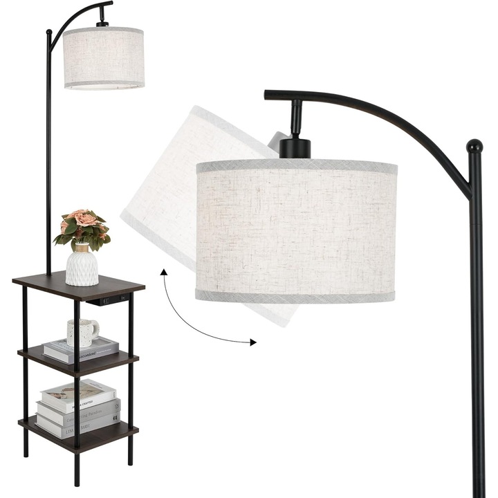 Подова лампа с рафт на 3 нива и USB & Type-C порт, осветително тяло за всекидневна / спалня / офис, кафяв цвят