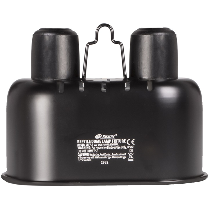 Dupla lámpa fűtőizzóhoz, hősugárzóhoz vagy UVB-izzóhoz, Resun Reptile Black Lamp DUO Mini, reflektorral, két kerámia foglalattal, búrával és tartóval, 2 × max. 60W