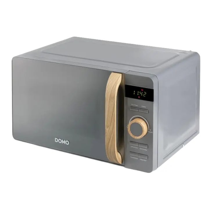 Микровълнова фурна DOMO, Solo, Wood You, капацитет 20 л, 5 нива на мощност, 8 автоматични програми, таймер 60 мин, програма за пуканки, функция размразяване, дуо настройка, звуков сигнал, огледална стъклена врата, 700 W, сива