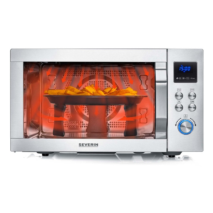 Severin 4 az 1-ben mikrohullámú sütő „Crispy Wave”, forrólevegős funkció 230°C-ig, forrólevegős fritőz, mikrohullámú sütő, sütő és grill, 95 perces időzítő, maximális teljesítmény 2150 W, 25L, ezüst/rozsdamentes acél, MW 7982