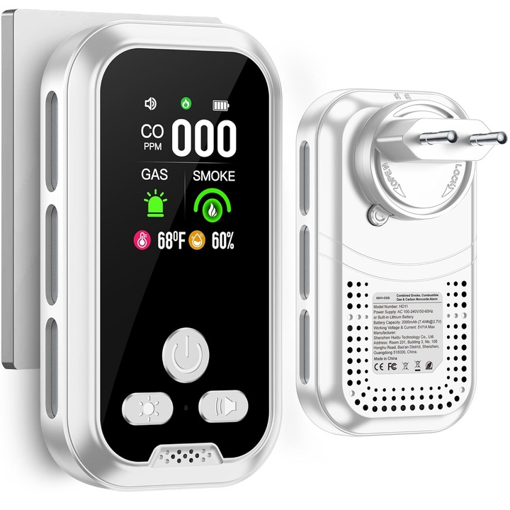 Detector 5-in-1 pentru fum, gaze si monoxid de carbon, model HD11, cu ecran LCD color, senzor de temperatura si umiditate, alarma sonora, baterie reincarcabila si mufa de priza
