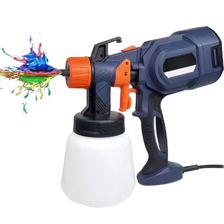 Pulverizator electric pentru vopsea SDEPOT, cu 3 moduri de pulverizare, vas 900 ml, debit reglabil, 4 duze interschimbabile, alimentare cablu sursa, perie de curatat, 700W, albastru