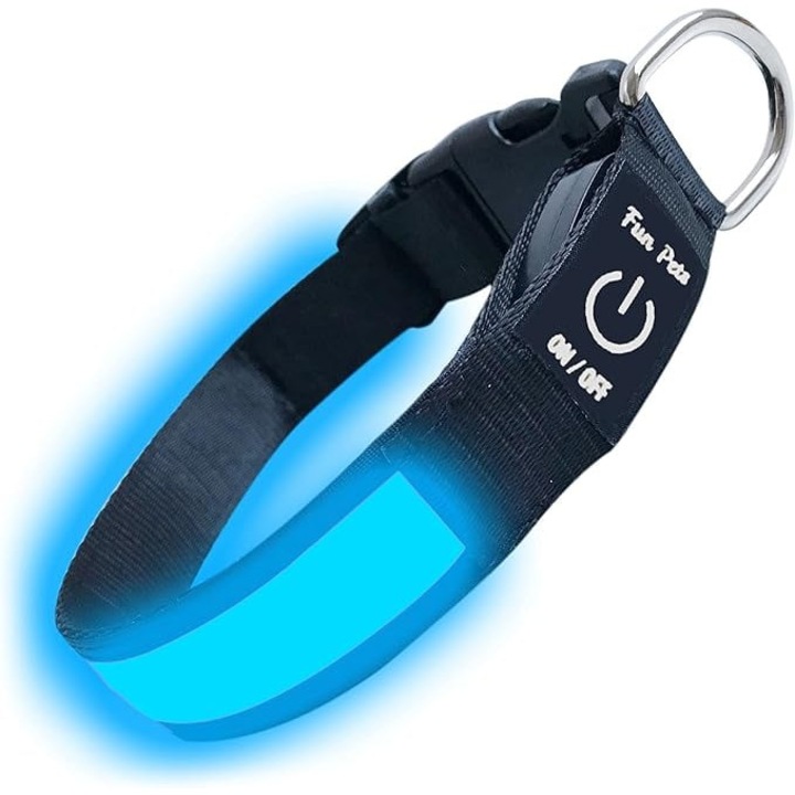 Zgarda luminoasa cu LED pentru caine, Albastru, marime S (30-40 cm) – Reincarcabila USB, 3 Moduri Luminoase, Impermeabila & Reglabila