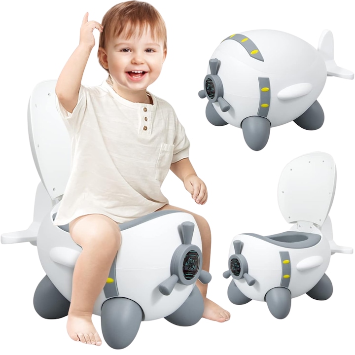 Olita pentru Copii Infiniteea™, Multifunctionala, Educativa, Ergonomica, Portabila, Vas Detasabil, Suprafata Antialunecare, Colac Moale, Spatar, Model Avion, Gri cu Alb