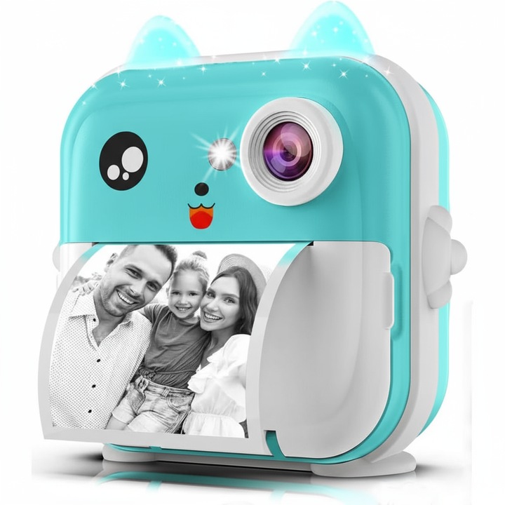 Aparat foto instant VALA Q5 Pisica, 48Mpx, Video 1080P, Turcoaz, set cu 3 role hartie