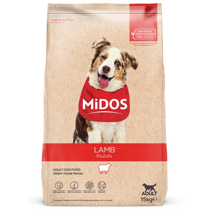 Száraztáp felnőtt kutyáknak, Midos, bárányhússal és rizzsel, 15 kg-os zsák, prémium, minőségi állati fehérjék, egészséges emésztés, erős immunitás