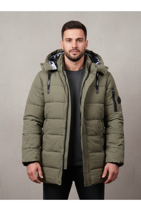 Férfi steppelt téli kabát, meleg, levehető kapucnival 7187 khaki 12291, Khaki